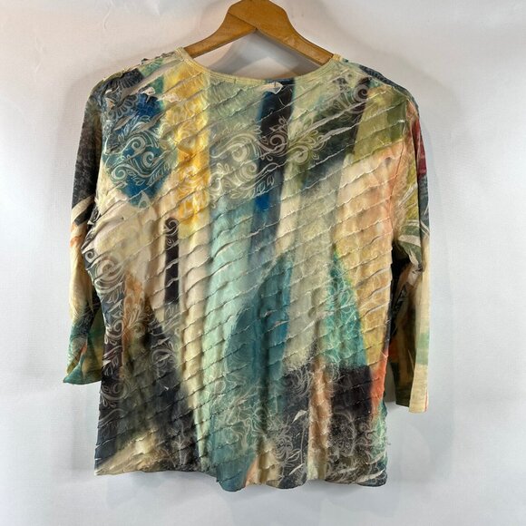 Jess & Jane Womens Multicolor Blouse Top Abstract Ruffle Overlay 3/4 Sleeves PL - Picture 7 of 10
